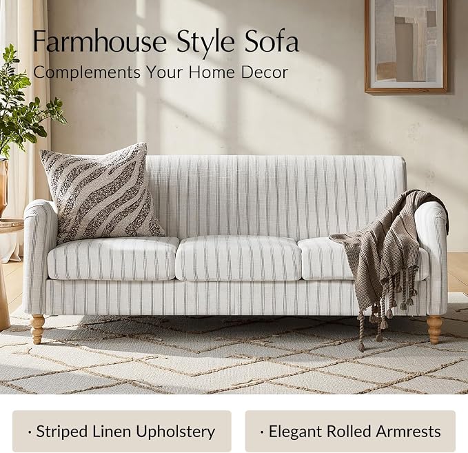 HULALA HOME Farmhouse Curved Couch with Stripe Pattern, 3 Seater Sofa with Solid Wood Spindle Legs and Rolled Wide Armrests, Comfy Upholstered Sofa for Living Room Bedroom, Grey