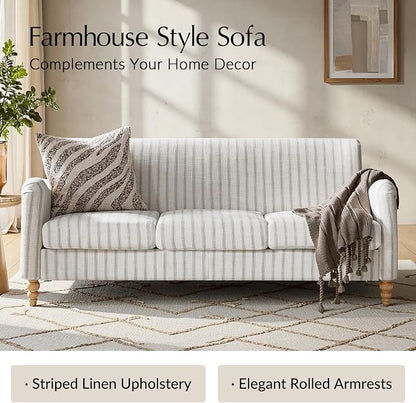 HULALA HOME Farmhouse Curved Couch with Stripe Pattern, 3 Seater Sofa with Solid Wood Spindle Legs and Rolled Wide Armrests, Comfy Upholstered Sofa for Living Room Bedroom, Grey