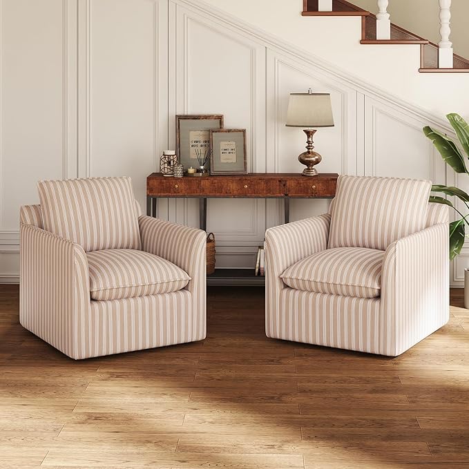 INZOY Swivel Accent Chair Set of 2, Upholstered Square Chair with Thick Padded Backrest Cushion, Swivel Reading Chair for Living Room Bedroom Small Spaces, Brown