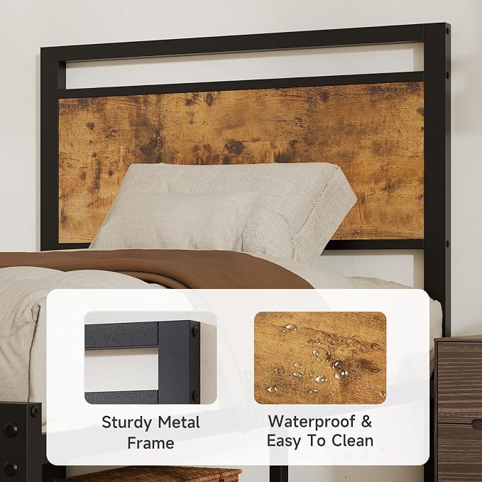 Z-hom Upgraded Twin Bed Frames, Heavy Duty Metal Sturdy Bed Frame Twin Size with Modern Wood Headboard & Footboard, Stable Platform Bed Furniture Bed Storage, No Noise, No Box Springs, Vintage Brown