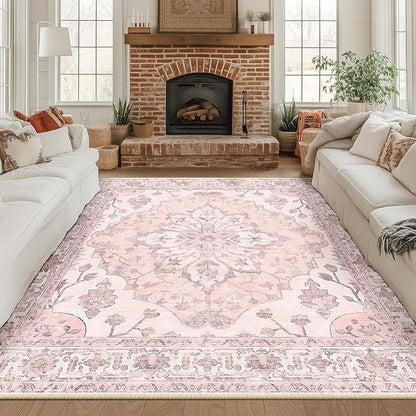 RELEANY Area Rugs Square 8ft Washable Non-Slip, Floral Vintage Distress Medallion Carpet for Living Room Bedroom Dining Room, Pink Greypink Cute