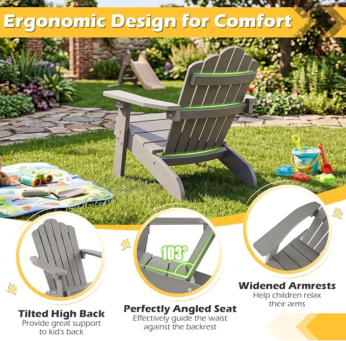 Costzon Kids Adirondack Chair, All-Weather HIPS Toddler Outdoor Chair, Wooden Textured Plastic Fire Pit Chair, Kids Patio Chair for Backyard Lawn Garden, Fits Children Age 3-7 Years (2, Gray)