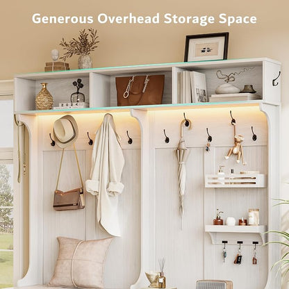 iPormis 70“ Large Hall Tree with Bench and Adjustable Shoe Storage, 6-in-1 Farmhouse Entryway Bench w/Coat Rack, Top Storage, Small Shelves for Entryway, Living Room, Led Lights, White