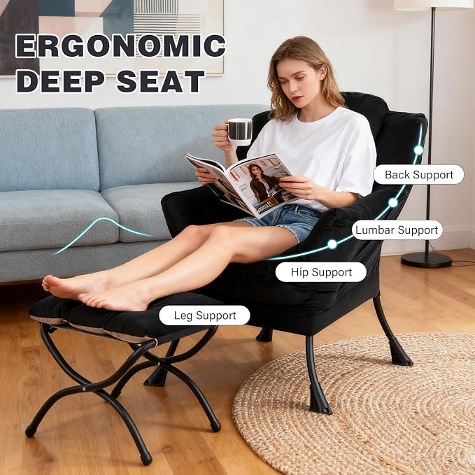 Lazy Chair with Ottoman, Modern Accent Chair Contemporary Lounge Leisure Sofa Chair with Armrests, Reading Chair and Folding Footstool Set for Living Room, Bedroom, Office, Velvet Black