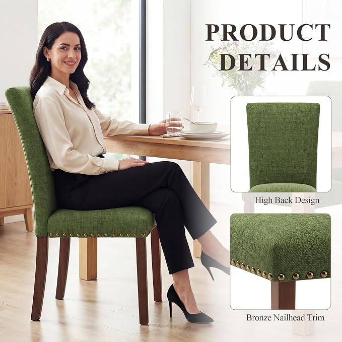 MALOL Dining Chairs Set of 4, High Back Dining Chair with Wood Legs and Nailhead Trim, Modern Padded Kitchen Room Chairs for Dining Room/Restaurant, Green