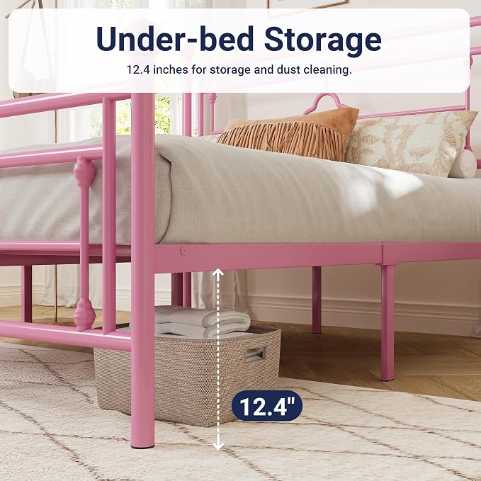 Allewie Queen Size Metal Platform Bed Frame with Victorian Vintage Headboard and Footboard/Mattress Foundation/Under Bed Storage/No Box Spring Needed/Noise-Free/Easy Assembly, Pink