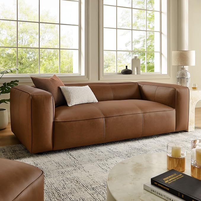 Modway Auren Vegan Leather Sofa in Coffee - Faux Leather Couch - Comfy Modern PU Leather Sofa - Oversized Mid Century Modern Couch for Living Room, Apartment, Loft
