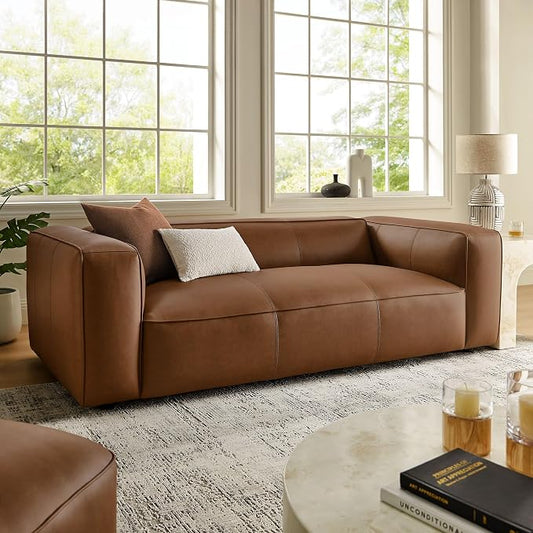 Modway Auren Vegan Leather Sofa in Coffee - Faux Leather Couch - Comfy Modern PU Leather Sofa - Oversized Mid Century Modern Couch for Living Room, Apartment, Loft