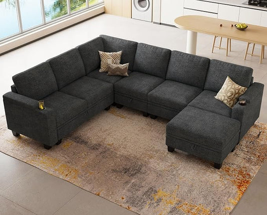 Belffin Chenille Modular Sectional Sofa Convertible L Shaped Corner Couches for Living Room with Storage Armrest with Cup Holder Dark Grey Couch