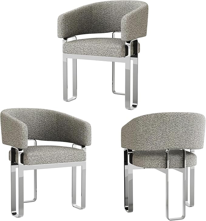 Modern Dining Chairs, Boucle Dining Room Chairs, Grey Barrel Armchair with Curved Backrest and Polished Silver U-Shaped Legs, Set of 3
