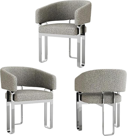 Modern Dining Chairs, Boucle Dining Room Chairs, Grey Barrel Armchair with Curved Backrest and Polished Silver U-Shaped Legs, Set of 3