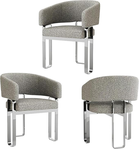 Modern Dining Chairs, Boucle Dining Room Chairs, Grey Barrel Armchair with Curved Backrest and Polished Silver U-Shaped Legs, Set of 3
