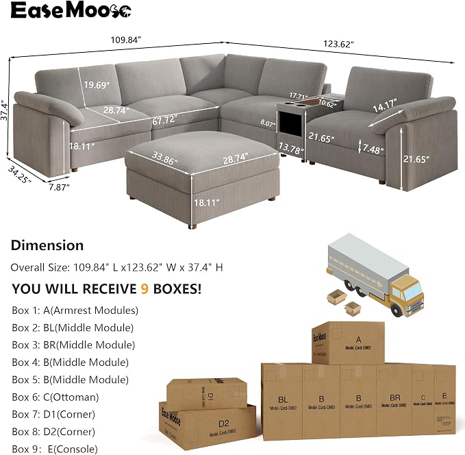 EASE MOOSE Oversized Sectional Modular Sofa, Extra Large v Shape Sectional Couch Wide Deep Seat Modular Cloud Couch,Removable Cover,Grey Couch