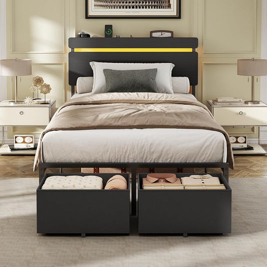 Forestell Twin Bed Frames with Wood Headboard, Black Platform Bed with 2 Storage Drawers & Shelf, Built in Charging Station & LED Lights, Metal Support, No Box Spring Needed, Camas Twin Size