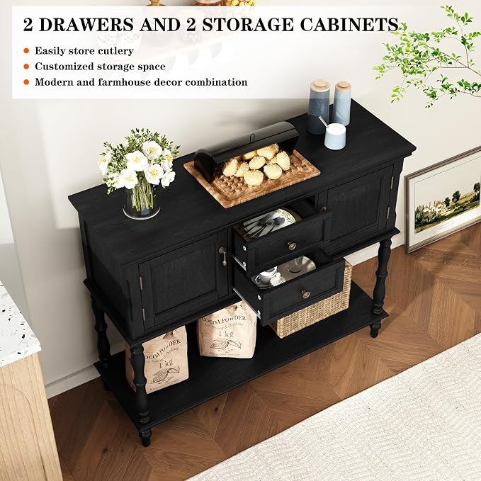ARTPOWER Console Table with 2 Drawers, Retro Entryway Table with 2 Door Cabinets and Open Storage Shelf, Narrow Long Behind Couch Sofa Table for Living Room, Foyer, Hallway, Black
