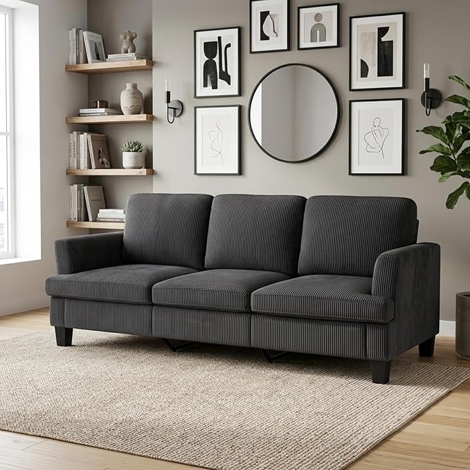 Modern 3 Seater Sofa for Living Room with Soft Deep Seats, Sofa 3 Seater in Linen, Upholstered Apartment Sofa with Armrests, Comfy Cozy Sofas for Bedroom (Corduroy, Dark Gray)