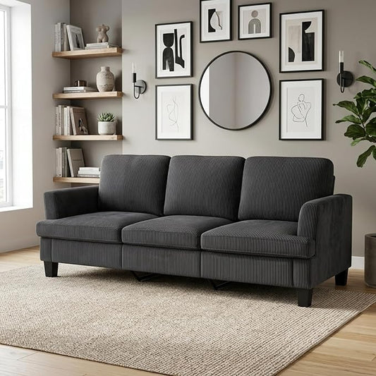Modern 3 Seater Sofa for Living Room with Soft Deep Seats, Sofa 3 Seater in Linen, Upholstered Apartment Sofa with Armrests, Comfy Cozy Sofas for Bedroom (Corduroy, Dark Gray)
