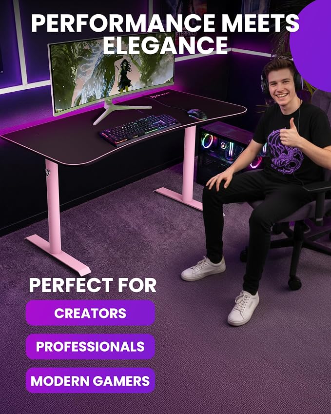 Arozzi Arena Medium Gamer Desk - 55x30” Steel Frame PC Gaming Desk with Storage for Cables & Dual-Monitor Support - Full-Surface Washable Mousepad - Pink