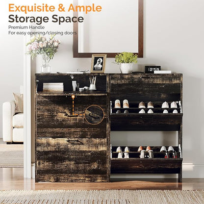VINGLI Set of 2 Dark Rustic Oak Shoe Cabinet for Entryway, 2-Pack Ultra Slim Shoe Organizer with 2 Flip & 1 Drop-Down Drawers, 24.8" W Narrow Shoe Cabinet for Front Door, Modern Dark Wood Shoes Rack