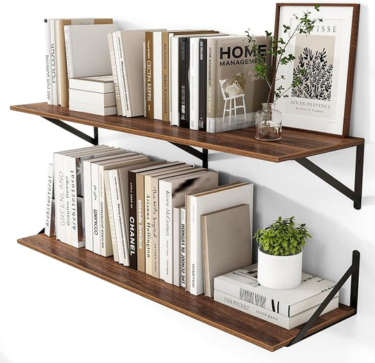 Heimlove 12 Inch Deep Floating Shelves for Wall, 40W x 12D Wood Wall Shelves Set of 2, Walnut Wide Floating Bookshelf for Living Room, Kitchen, Office, Bedroom, with Black Metal Bracke - Walnut