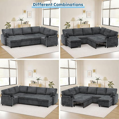 110" Chenille Sectional Sofa w/Pull Out Bed & Storage Chaise, Grey | Reversible U Shape Sofa w/Storage Armrests & Cup Holders, Corner Couch w/USB Charging Port & Throw Pillows for Living Room