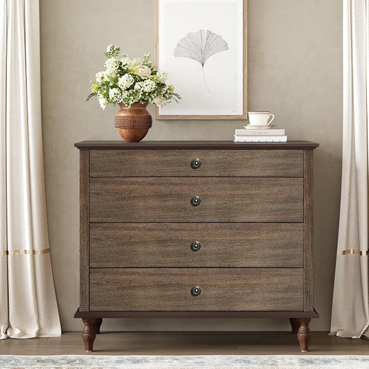 ALEVINE 40" Deep Rustic Brown Accent Chest with 4 Drawers, Farmhouse Wooden Dresser with Copper Handles