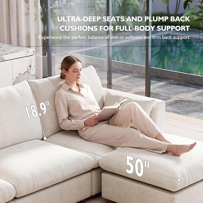 Ihanherry 111" Oversized Modular Sectional Sofa, Modern V Shaped Cloud Couch with Storage Ottoman, 6-Seat Comfy Chenille Deep Seat Sofa with 2 Pillows for Living Room, Beige