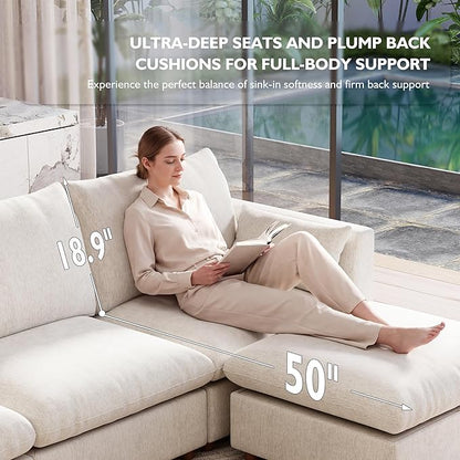 Ihanherry 117" Oversized Modular Sectional Sofa, Modern Cloud Couch with 3 Storage Ottoman, 6-Seat Comfy Chenille Deep Seat Sofa with 2 Pillows for Living Room, Beige