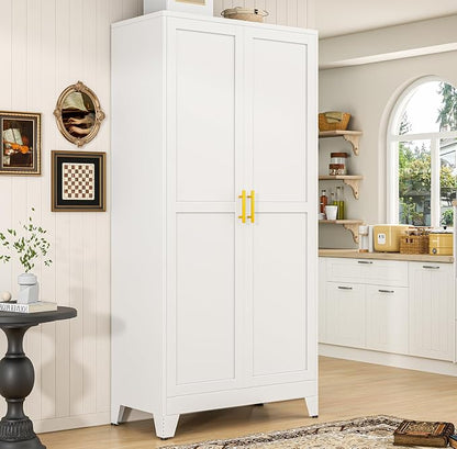 PAOFIN 75" Metal Kitchen Pantry Cabinet,White Storage Cabinet with Doors and 5 Adjustable Shelves, Cabinet with 2 Metal Handles,Tall Cabinet for Livingroom,Pantry, Bathroom,Kitchen