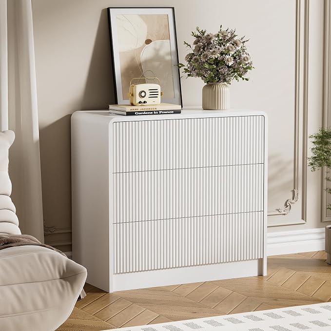 Furniway White Nightstand with 3 Drawers, 32" Modern Bedside Table with Storage, Large Night Stand for Bedroom