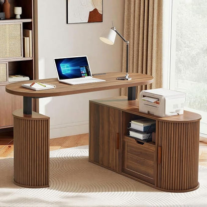 55" L Shaped Standing Desk with Storage, Oval Electric Desk Height Adjustable Executive Desk with File Drawer, Fluted Wood Desk Office Sit Stand up Desk for Work, Study, Writing, Walnut