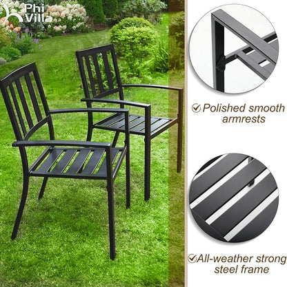 PHI VILLA 9 Pieces Outdoor Dining Set for 8, 57.5” Brown Wood-Like Square Metal Steel Table with Umbrella Hole & Stackable Wrought Iron Chairs, Large Outside Furniture for Patio, Deck, Yard, Porch