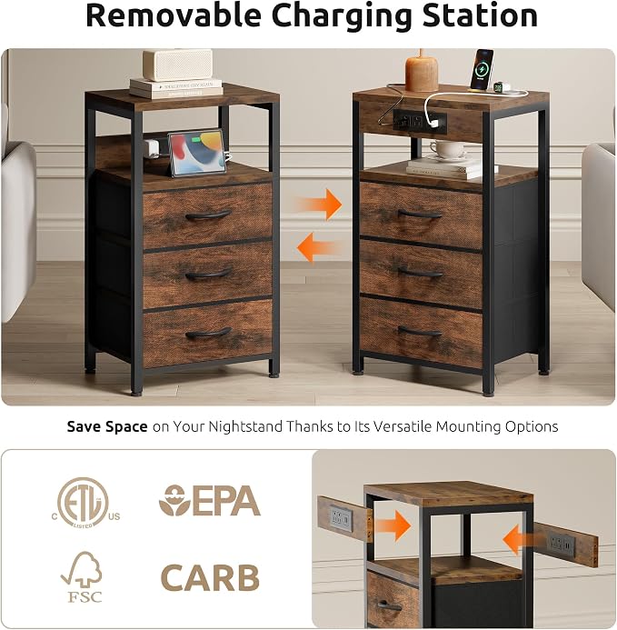 Lazzanto NightStand Bedside Charging Table Bedroom - Night Stand with Charger Station, Modern Nightstand with Open Shelf & 3 Fabric Drawers, Bed Side Table USB-C Port for Dorm Living Room