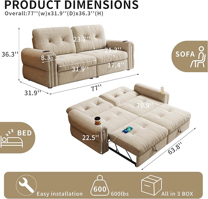 Convertible Couches, Queen Size Pull Out Sofa Bed with USB Charging Port and Cup Holders, Plannelette Fabric Convertible Sofa Bed for Small Space, Living Room, Apartment, Guest Room, Beige