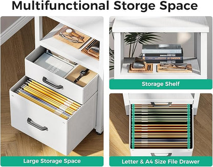 Coleshome L Shaped Computer Desk with 6 Fabric Drawers & Power Outlet, 55 Inch Corner Desk with Reversible Storage Shelf & File Drawer, Home Office Desk, White