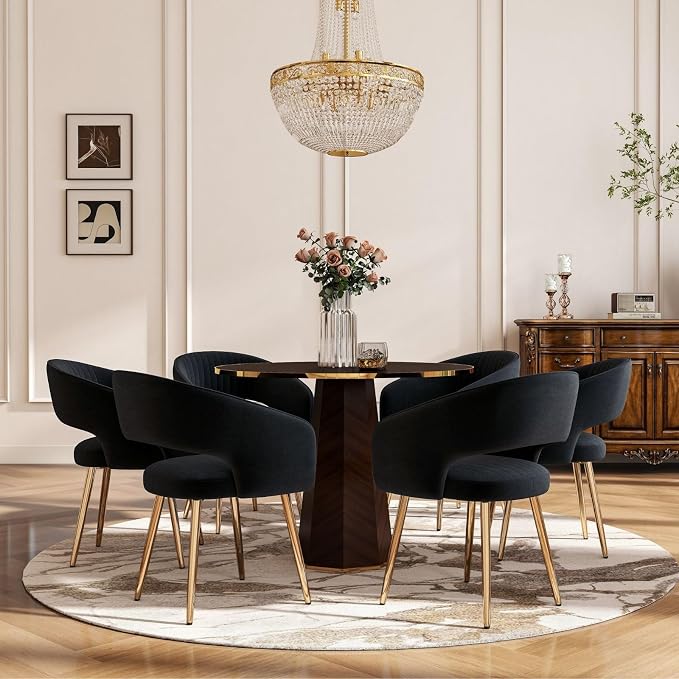 Hyfirm Black Velvet Dining Chairs Set of 6, Modern Side Chairs with Hollow Back and Gold Legs, Upholstered Accent Kitchen Chairs for Living Room/Reception/Restaurant