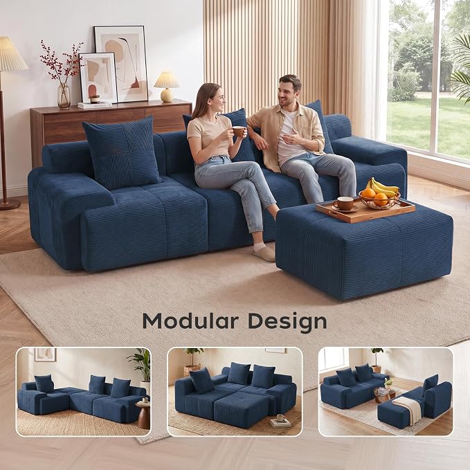 118" Sectional Boneless Oversize Modular Couches, Curved Cloud Sofa for Living Room, Corduroy U Shape Deep Seat Sofa with 2 Ottomans & 3 Throw Pillows,No Assembly Required,Navy Blue
