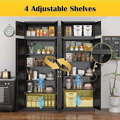 Steeloong86“ Kitchen Pantry Cabinet,Metal Storage Cabinets with Doors and 4 Adjustable Shelves,Black Kitchen Cabinet with 4 Gold Handles,Tall Cabinet for Livingroom,Pantry, Bathroom