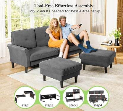 Kidirect Small Sectional Couch, 83" U Shaped Couch, Comfy Velvet Couches for Living Room, Tool-Free Setup Modular Sectional Sofa, 850lbs Load Sofas for Living Room with 2 Movable Ottomans, Grey Couch