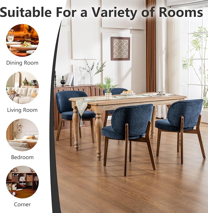 YOUNIKE Dining Chairs Set of 2 Modern Kitchen Dining Room Chairs Navy Blue | Chenille Fabric Upholstered Armless Side Accent Chair with Back Wide Padded Seat Wooden Leg, Soft, Breathable, Comfortable