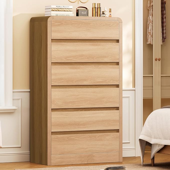TEENFON Tall Dresser for Bedroom with 6 Drawers, 49.2" Tall Dressers & Chest of Drawers with Curved Profile Design, Wood Closet Storage Dressers Organizer for Bedroom, Living Room, Natural