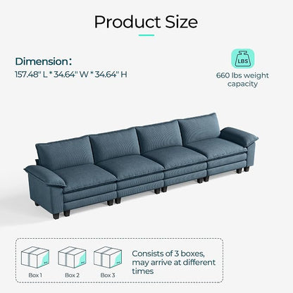 LINSY HOME 157'' Modular Sectional Sofa 4 Seat Couch Corduroy Cloud Couch with Deep Seat, Modern Cloud Couch for Living Room, Office, Bedroom, Blue
