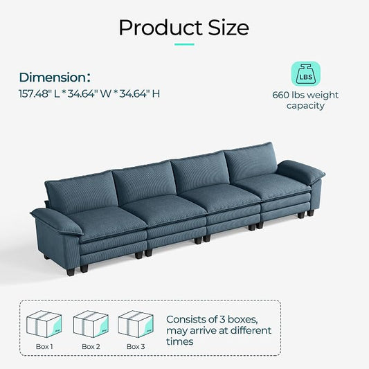 LINSY HOME 157'' Modular Sectional Sofa 4 Seat Couch Corduroy Cloud Couch with Deep Seat, Modern Cloud Couch for Living Room, Office, Bedroom, Blue