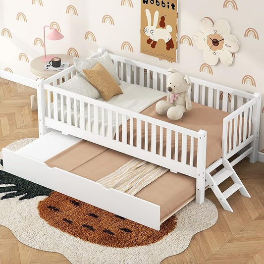 Merax Wood Twin Size Platform Bed with Guardrail and Trundle, Kids Bed Frame with Stairs, White