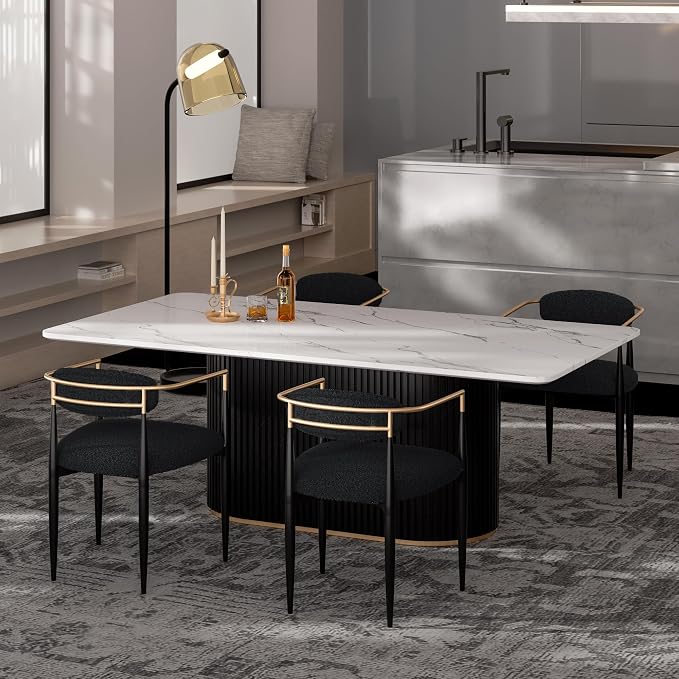 Morden Fort Modern Dining Table and Chairs Set for 4, 70" Black Dining Table with White Faux Marble Top and 4 Upholstered Chairs for Kitchen, Restaurant and Conference