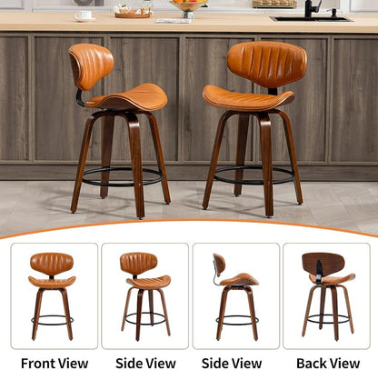 Swivel Bar Stools Set of 3, 24 inch PU Leather Wooden Bentwood Barstools Counter Height Modern Breakfast Bar Chairs with Backrest and Footrest for Kitchen Island, Dining Room D035-Brown-3
