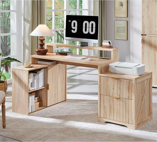 67" Modern Desk with Cabinet & 2 Drawers, Office Desk Built‑in Outlet | luted Computer Writing Desk, storage cabinet with sliding doors, Oak
