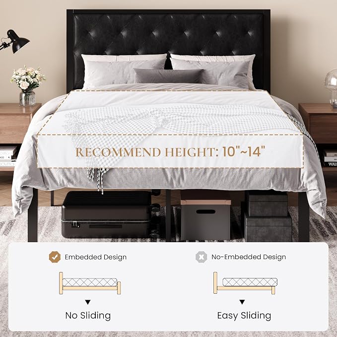SHA CERLIN Full Size Metal Bed Frame with PU Tufted Headboard, Black | Modern Design Heavy-Duty Platform Bed, No Box Spring Need, PU Leather Upholstery, Noise Free, Easy Assembly