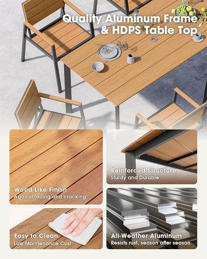 Outdoor Dining Set, Aluminum Patio HDPS Outdooor Table and Chairs Set with Umbrella Hole, All Weather Patio Furniture Set, Patio Dining Table Set ,Gray & Teak ,7 Pieces