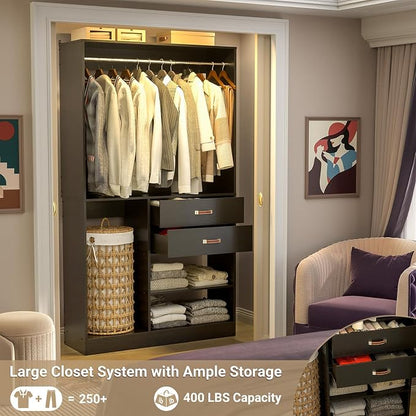 Armocity Freestanding Closet System with Suitcase Storage, 40 Inches Stand-alone Wardrobe with 2 Wood Drawers, 80'' Height Adjustable Cloth Garment Rack, Walk-in Closet with Hanging Rod, Black